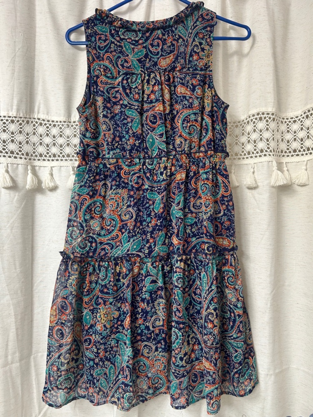 BeBop Navy Paisley Tie-Front Tiered Mini Dress with Teal & Coral Accents - Picture 5 of 6